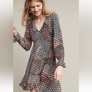 Maeve by Anthropologie Multicolor Scallop-Print V-Neck Long Sleeve Dress